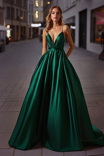 Elegancka Satynowa Ciemnozielona Linia Spaghetti Ramiączka Długa Sukienka Na Studniówkę